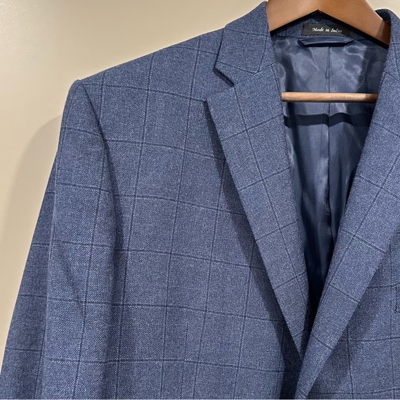 Lauren Ralph Lauren Blazer Wool Linen Windowpane Sport Coat Mens 46R Blue - Picture 1 of 8